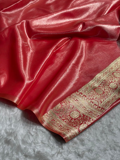 Red Contrast Shades Cross Pattern Banarasi Satin Silk Saree SS39