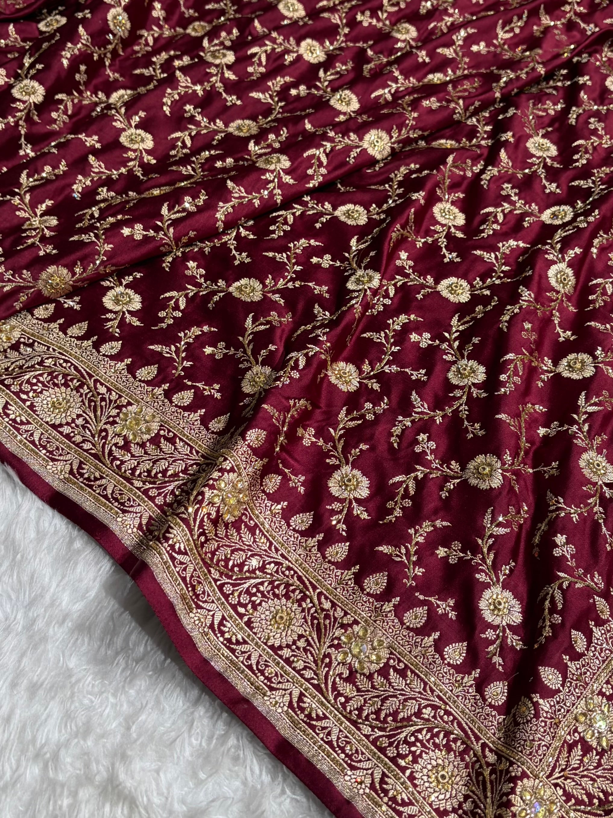 Garnet Shades Banarasi With Ari Zardozi Work Jaal Katan Silk Saree BSKM37