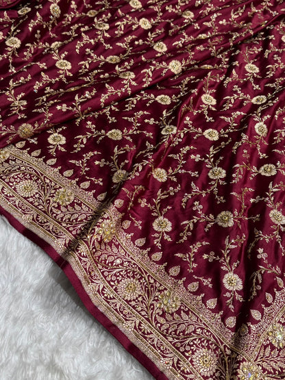 Garnet Shades Banarasi With Ari Zardozi Work Jaal Katan Silk Saree BSKM37