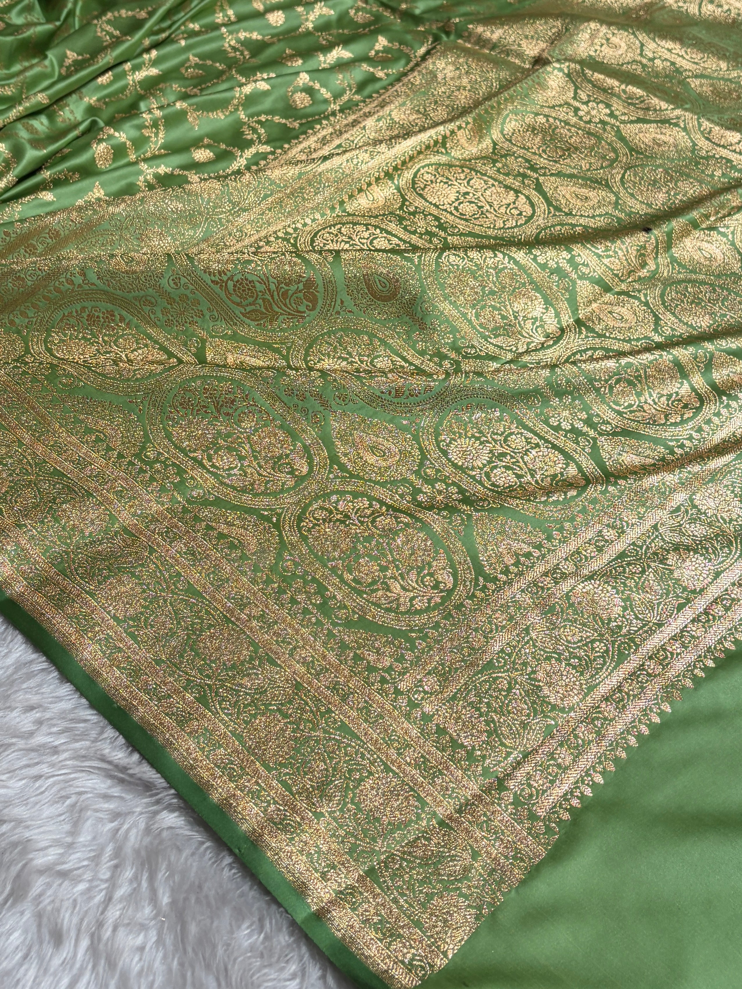 Pista Green Shades Floral Jaal Pattern Satin Katan Silk saree SK55