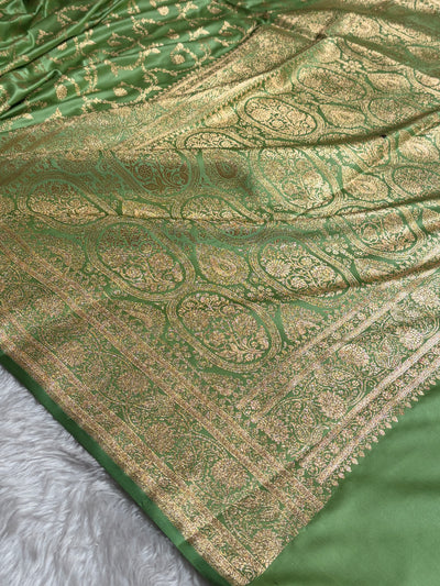 Pista Green Shades Floral Jaal Pattern Satin Katan Silk saree SK55