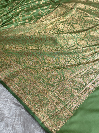 Pista Green Shades Floral Jaal Pattern Satin Katan Silk saree SK55