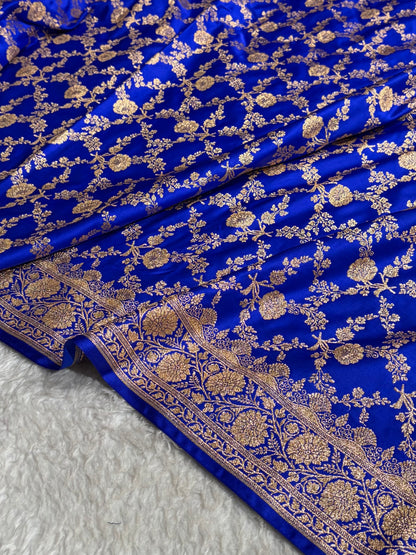 Royal Blue Shades Jaal Floral Pattern Satin Katan Silk Saree SK80