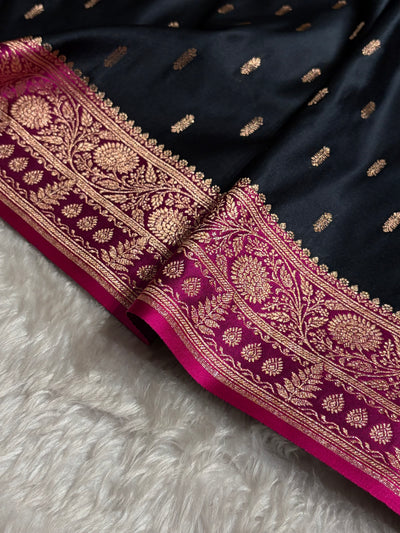 Contrast Black/ Rani Floral Booti Banarasi Satin Katan Silk Saree SK14