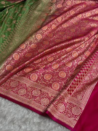 Banarasi Satin Katan Saree in Contrast Light Green / Rani Shades SK132