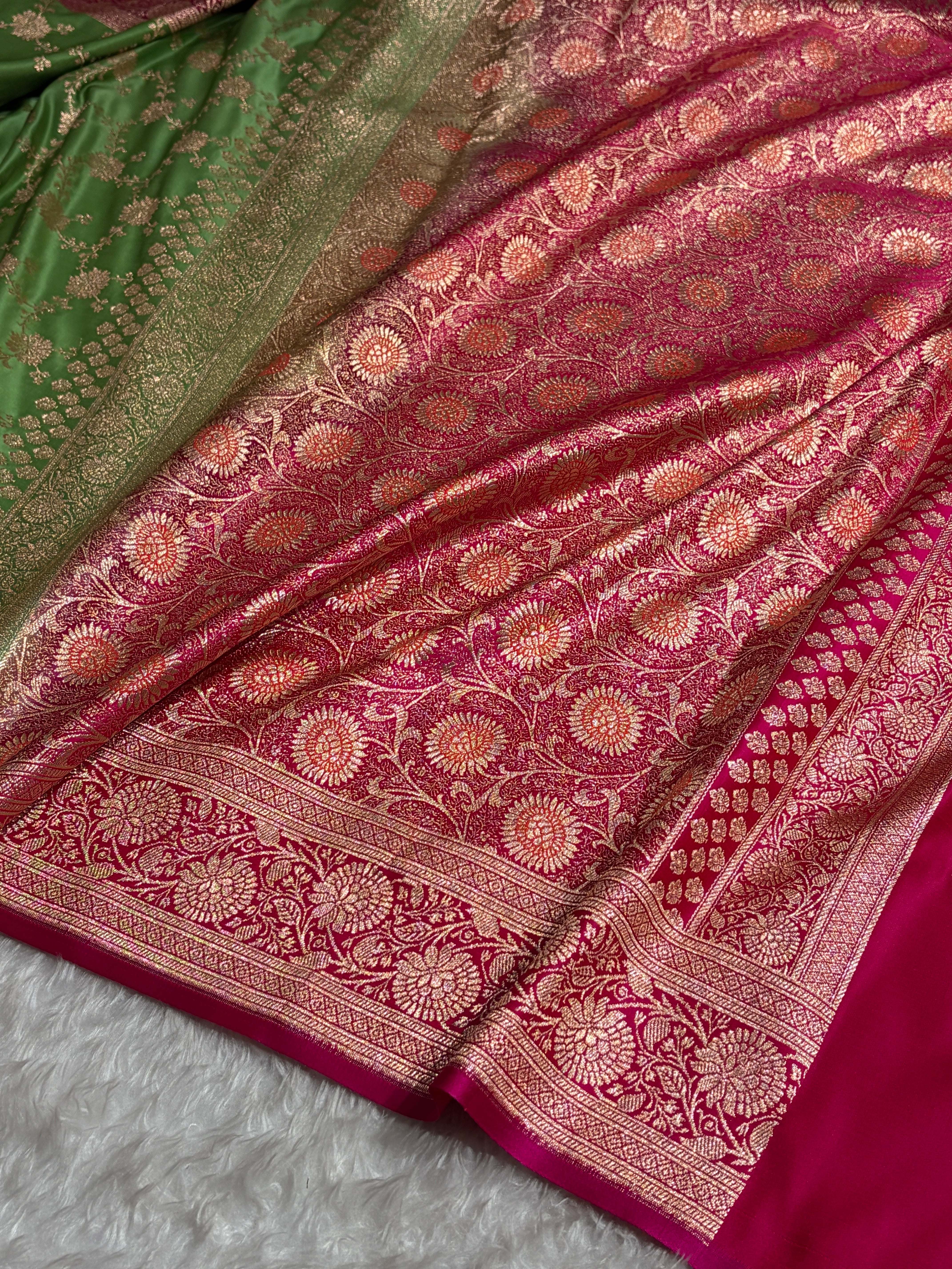 Banarasi Satin Katan Saree in Contrast Light Green / Rani Shades SK132