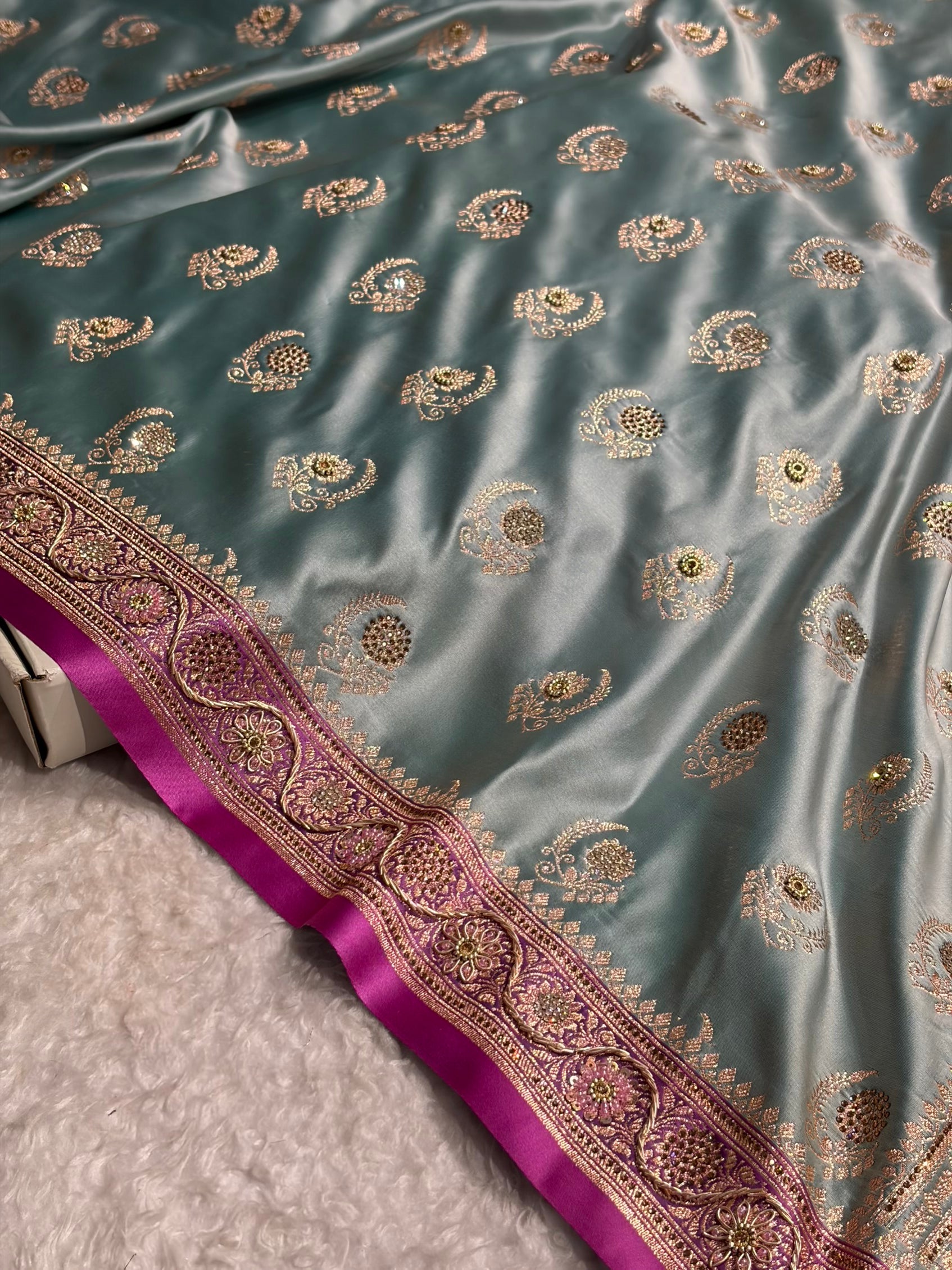 Turquoise with Lavender Floral Boota With Swarovski & Zardozi Work Satin Katan Silk saree BSK27