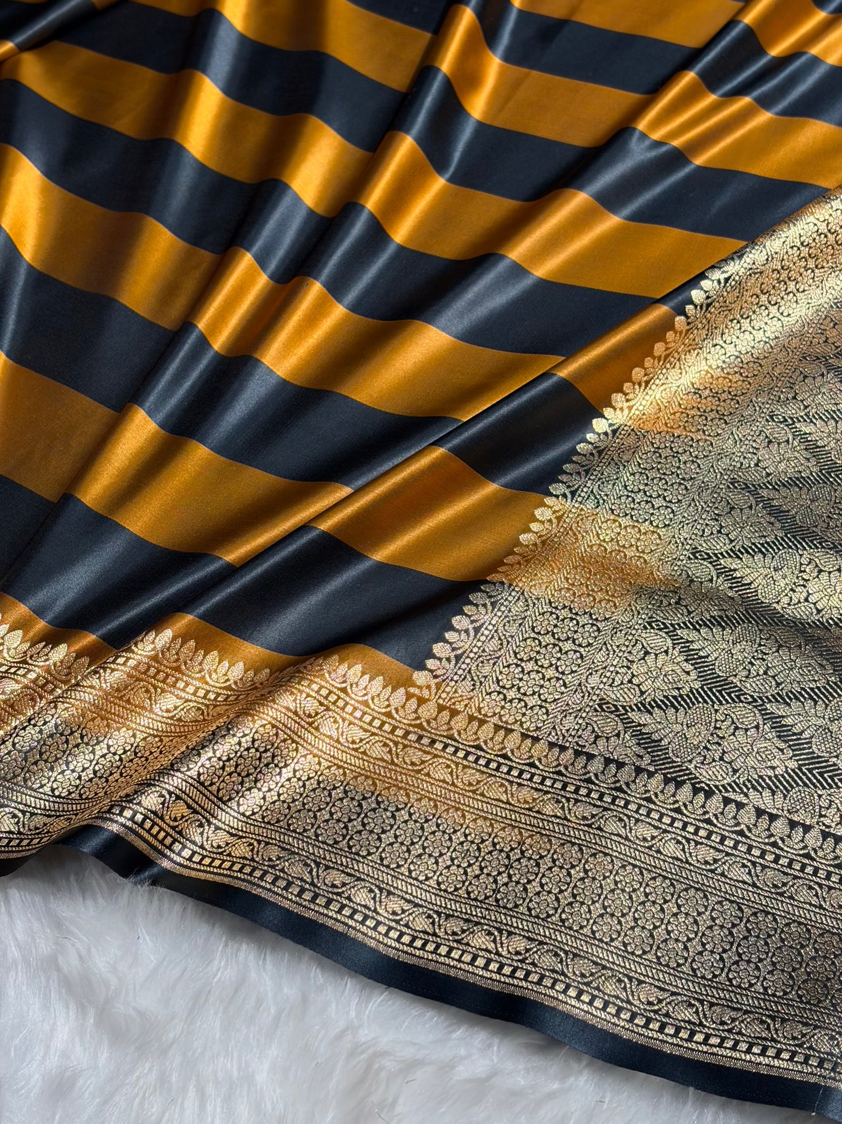Mustard With Black Horizontal Strips Floral Border & Brocket Blouse Mashru Silk Saree MSM-84