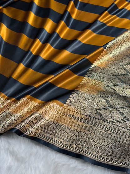 Mustard With Black Horizontal Strips Floral Border & Brocket Blouse Mashru Silk Saree MSM-84
