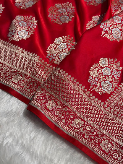 Premium Banarasi Satin Katan Saree With Minakari Boota in Red Shades SK93