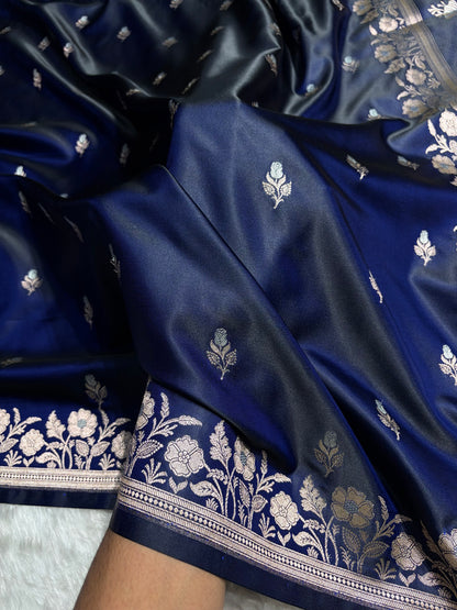 Navy Blue Boota With Floral Border Mashru Silk Saree MSM-85