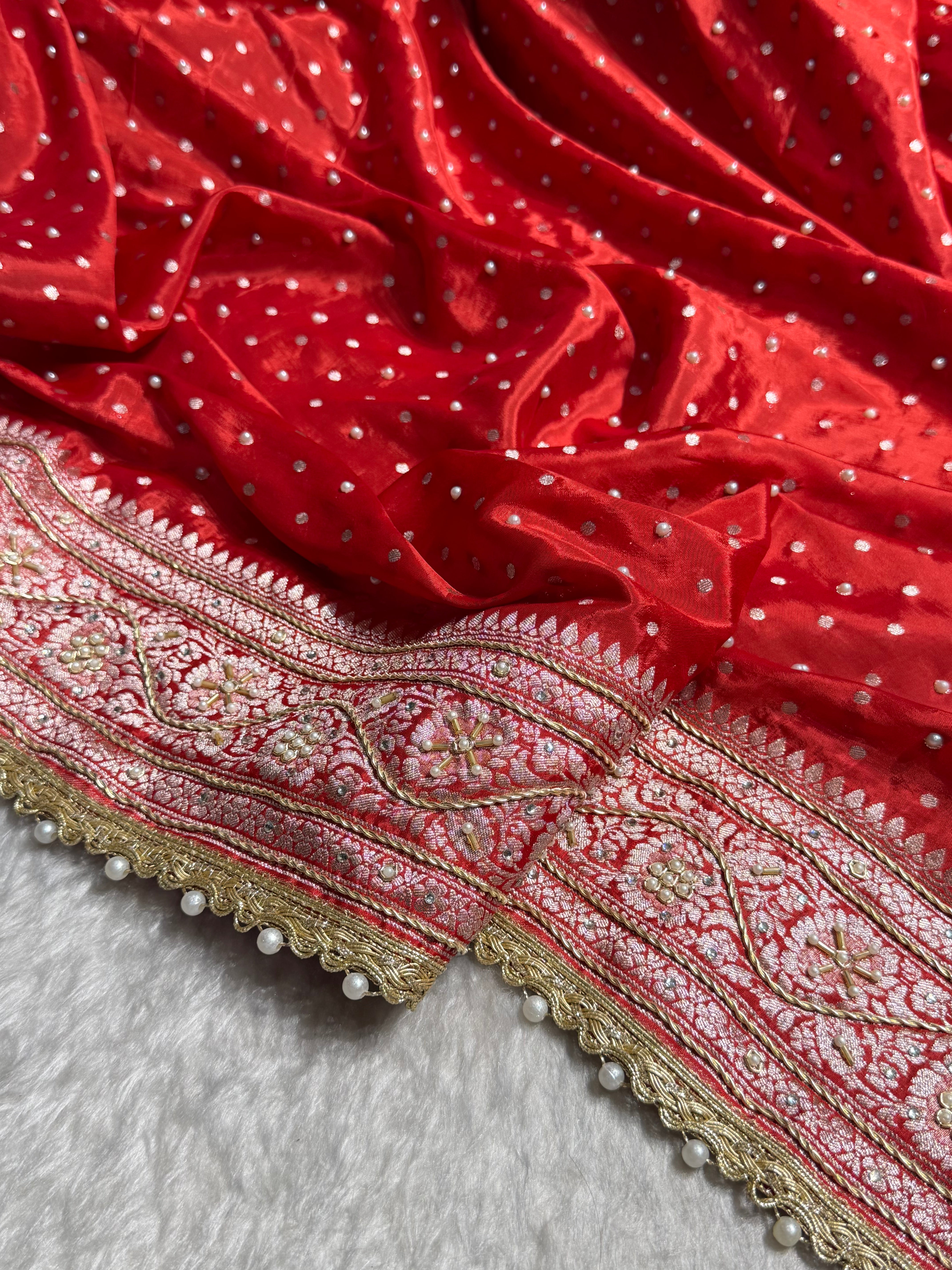 Bridal Red Shades Crepe Silky Katan With Ari Zardozi & Gotta Patti Work  Banarasi Saree BCSKGP-06