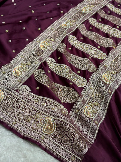 Wine Shades Plain Banarasi With Minakari Ari Zardozi Work Floral Border Mashru Silk Saree BMCS04