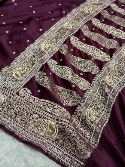 Wine Shades Plain Banarasi With Minakari Ari Zardozi Work Floral Border Mashru Silk Saree BMCS04