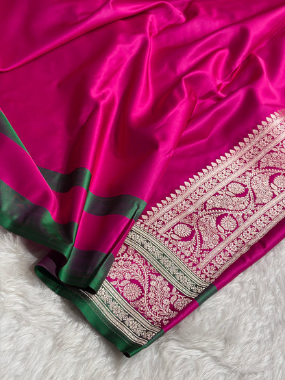 Banarasi Cross Wine With Contrast Rani Floral Border Mashru Silk Saree MSM-101