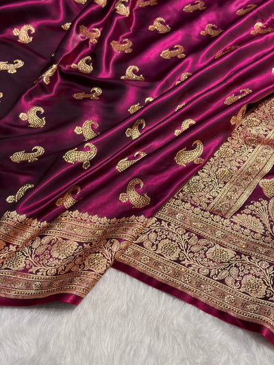Satin Silk Saree Treditional Swarovski Work Floral Boota in Wine Shades BSS27