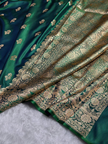 Cross Green Shades Floral Booti Motif Satin Katan Silk saree SK61