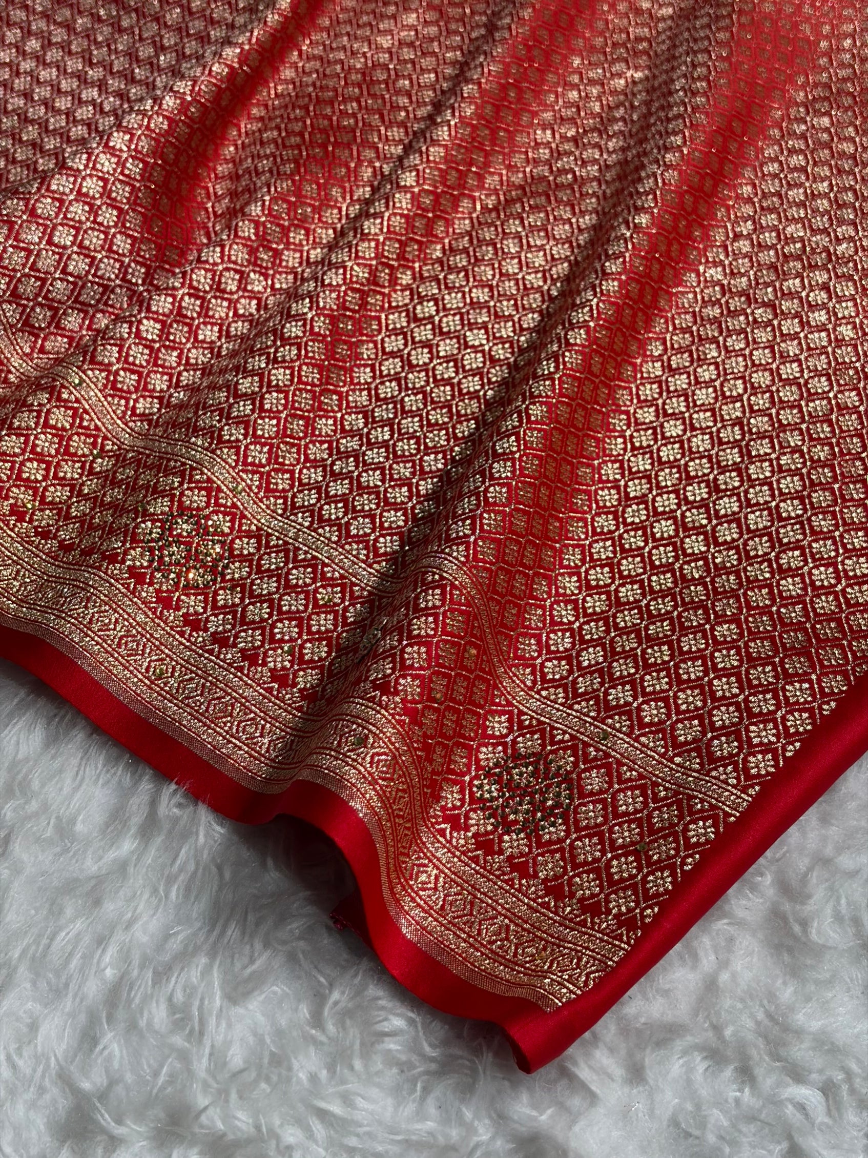 Bridal Red Floral Boota Pattern With Zardozi Stone Work Satin Katan Silk saree BSK34