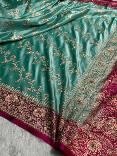 Seagreen and Rani Contrast Banarasi Satin Katan Saree With Aari Zardozi Work Boota in Cross Pista Green Shades BSK157