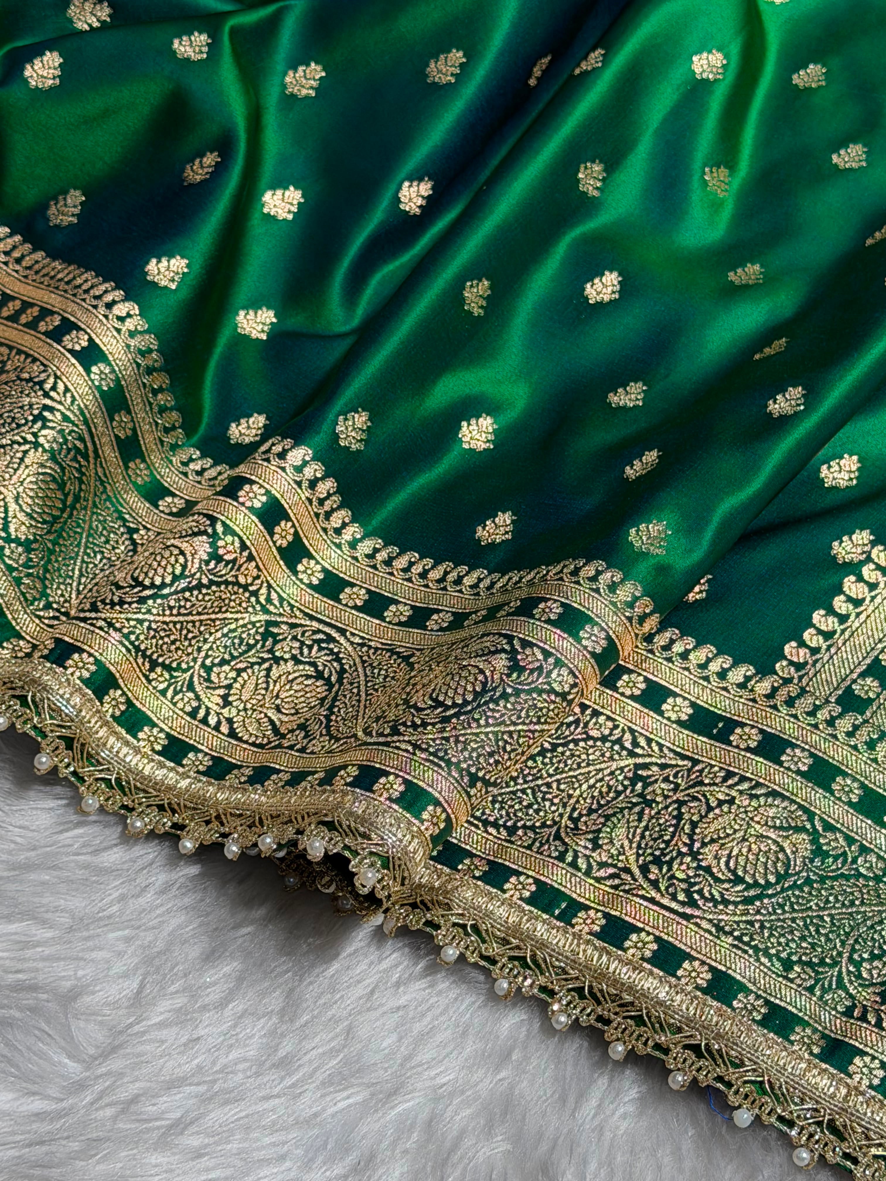 Cross Green Floral Pattern With Gotta Patti Satin Katan Silk Saree SKGP78
