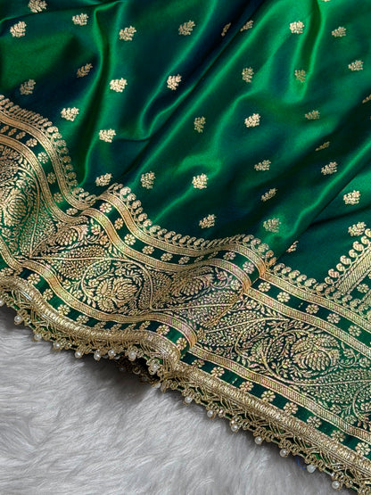 Cross Green Floral Pattern With Gotta Patti Satin Katan Silk Saree SKGP78