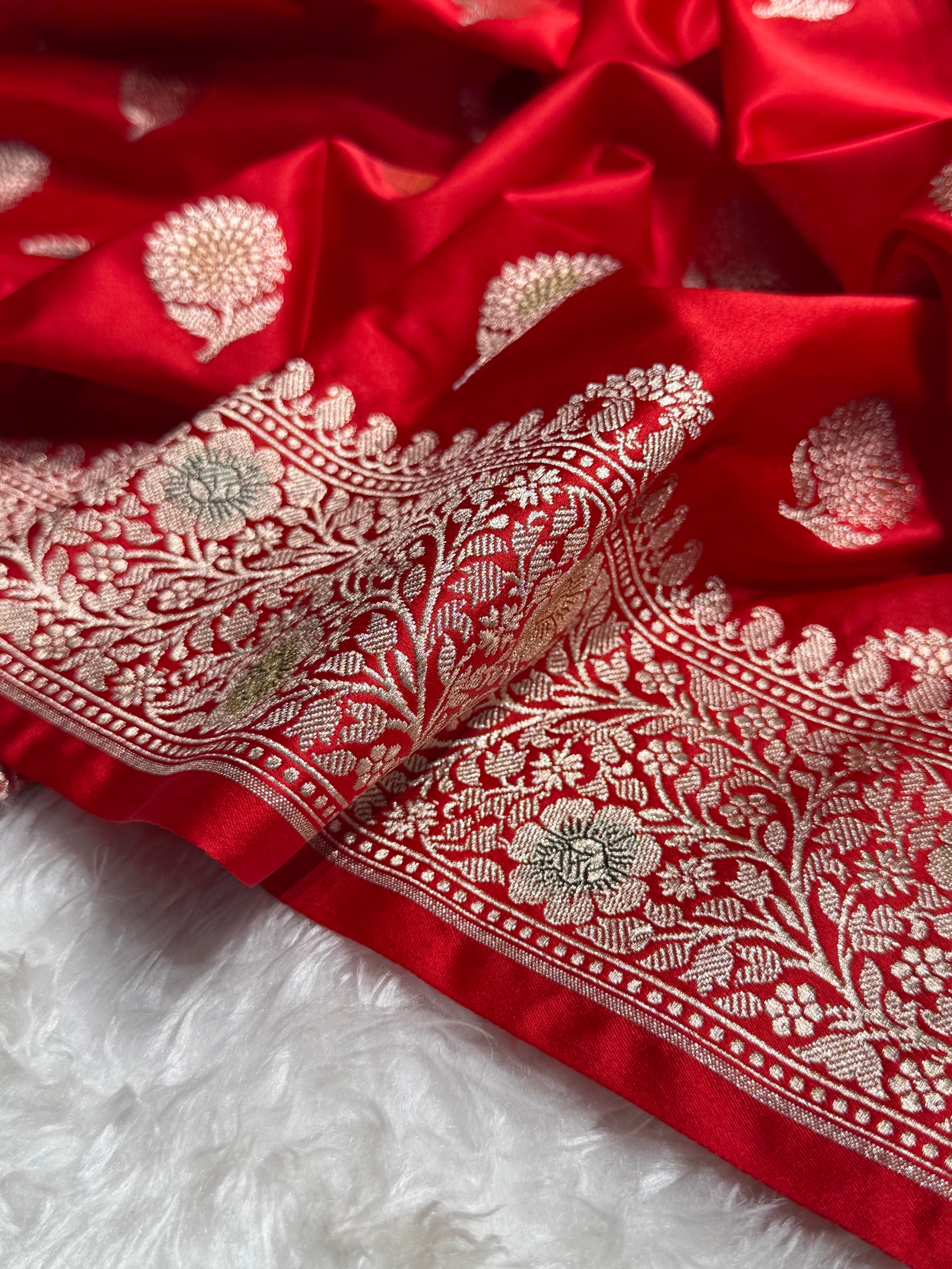 Red Tree Boota Minakari Mashru Silk Saree