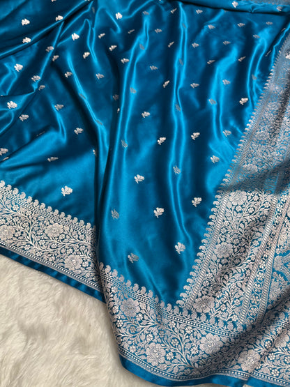 Dusty German Blue floral Booti Mashru Silk Saree
