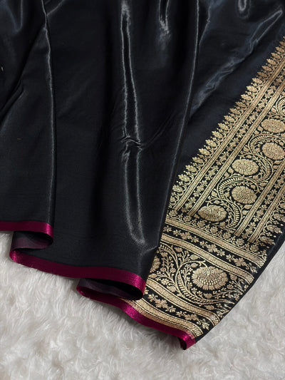 Black Shades Jaal Pattern Banarasi Satin Silk Saree SS55