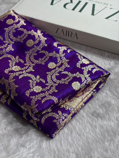 Purple Contrast Shades Jaal Pattern Banarasi Satin Silk Saree SS47