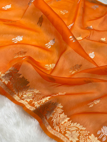 Pure Banarasi Organza Orange Shades Floral Banarasi Silk Saree PO-25