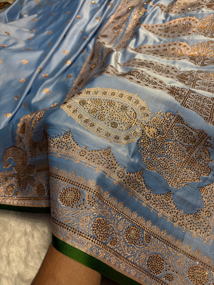 Sky Blue Booti With Swarovski Work Katan Silk Saree BSK09