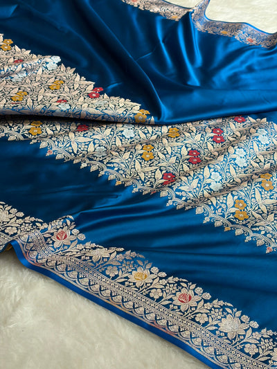 German Blue Shades Banarasi Minakari Boota Skirt Pattern Floral Mashru Silk Saree MSM-116