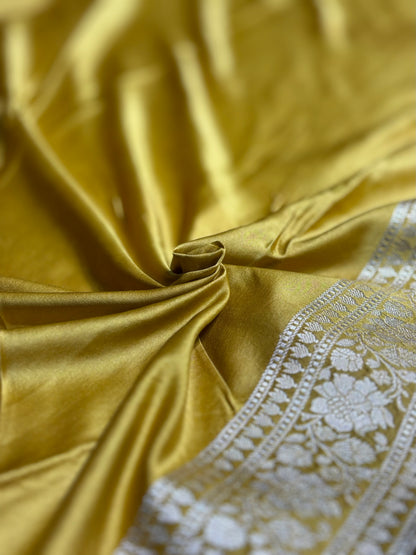 Dusty Mustard Shades Banarasi Cross Jaal Mashru Silk Saree MS18