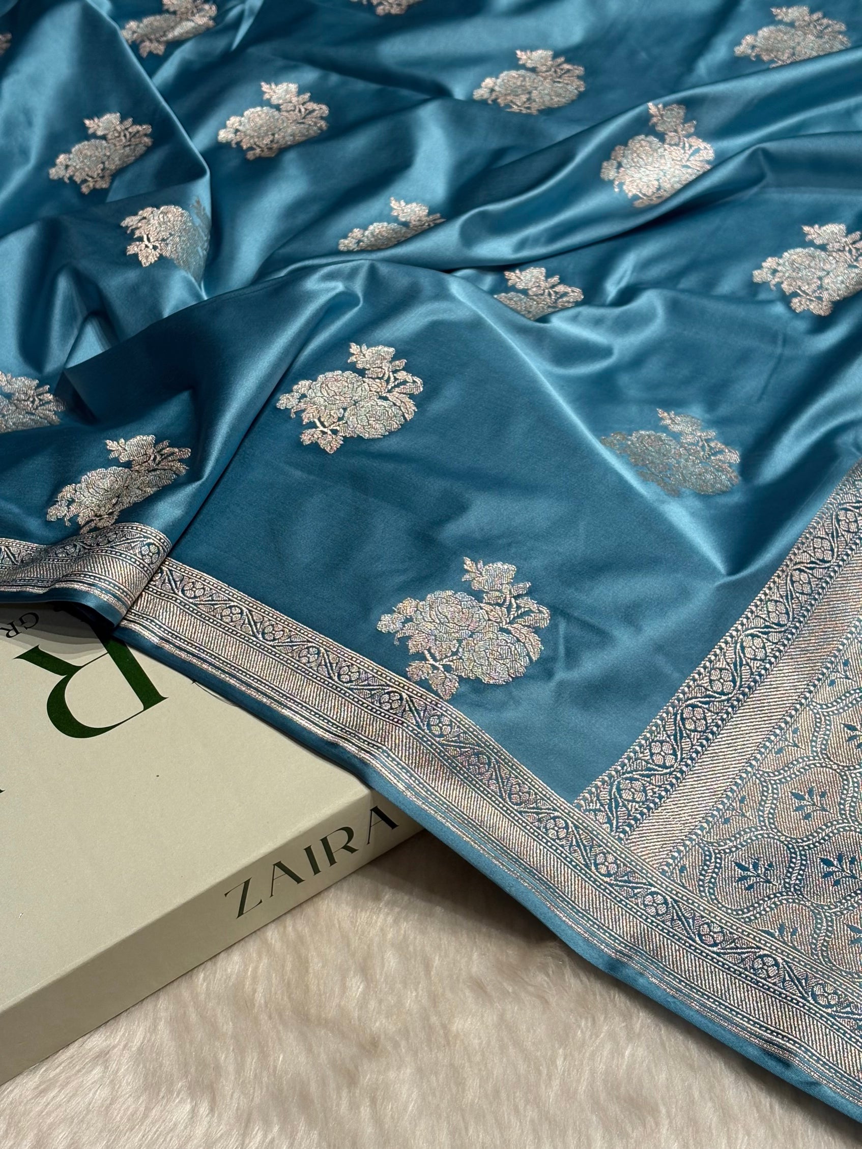 Sky Blue Sona Rupa Floral Motif Mashru Silk Saree MS50