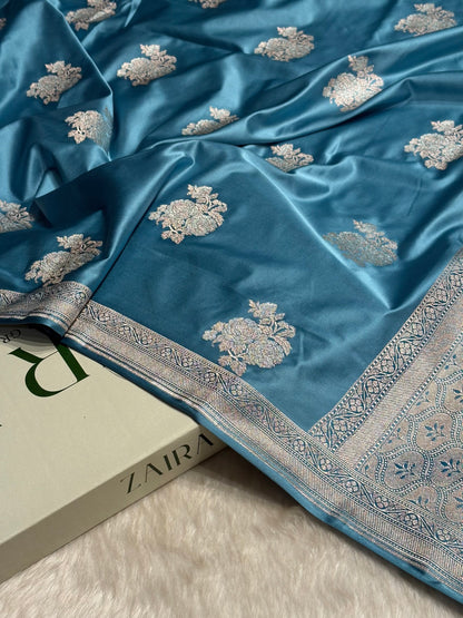 Sky Blue Sona Rupa Floral Motif Mashru Silk Saree MS50
