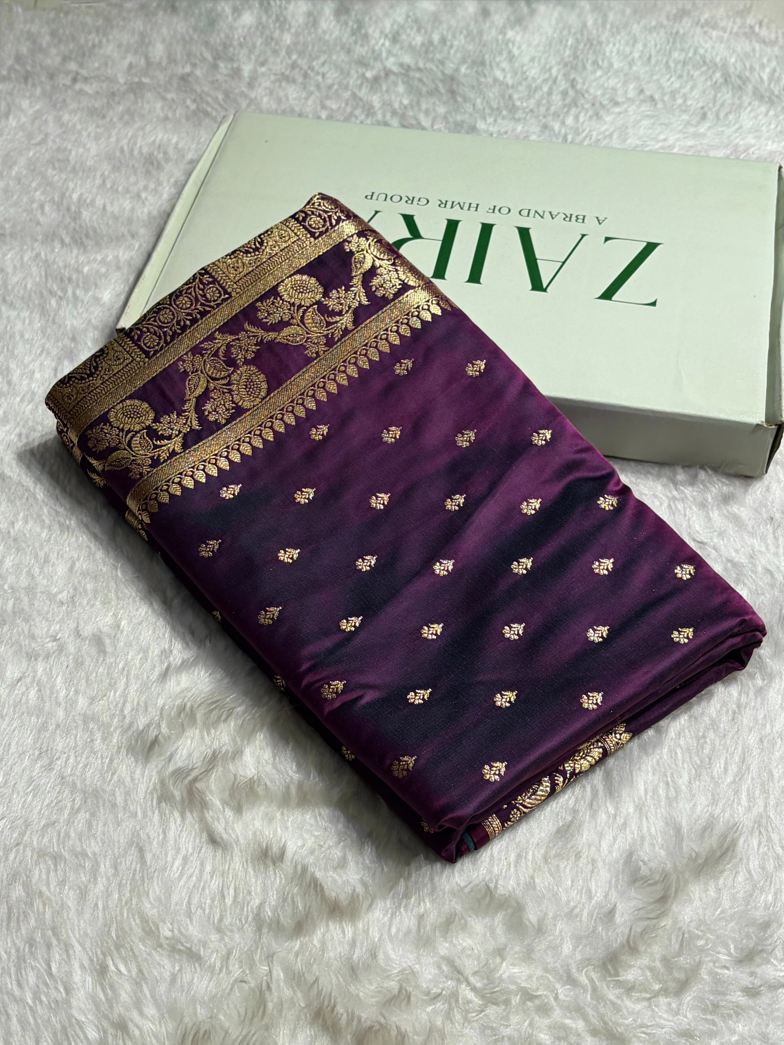 Wine Shades Floral Pattern Satin Katan Silk Saree SK77