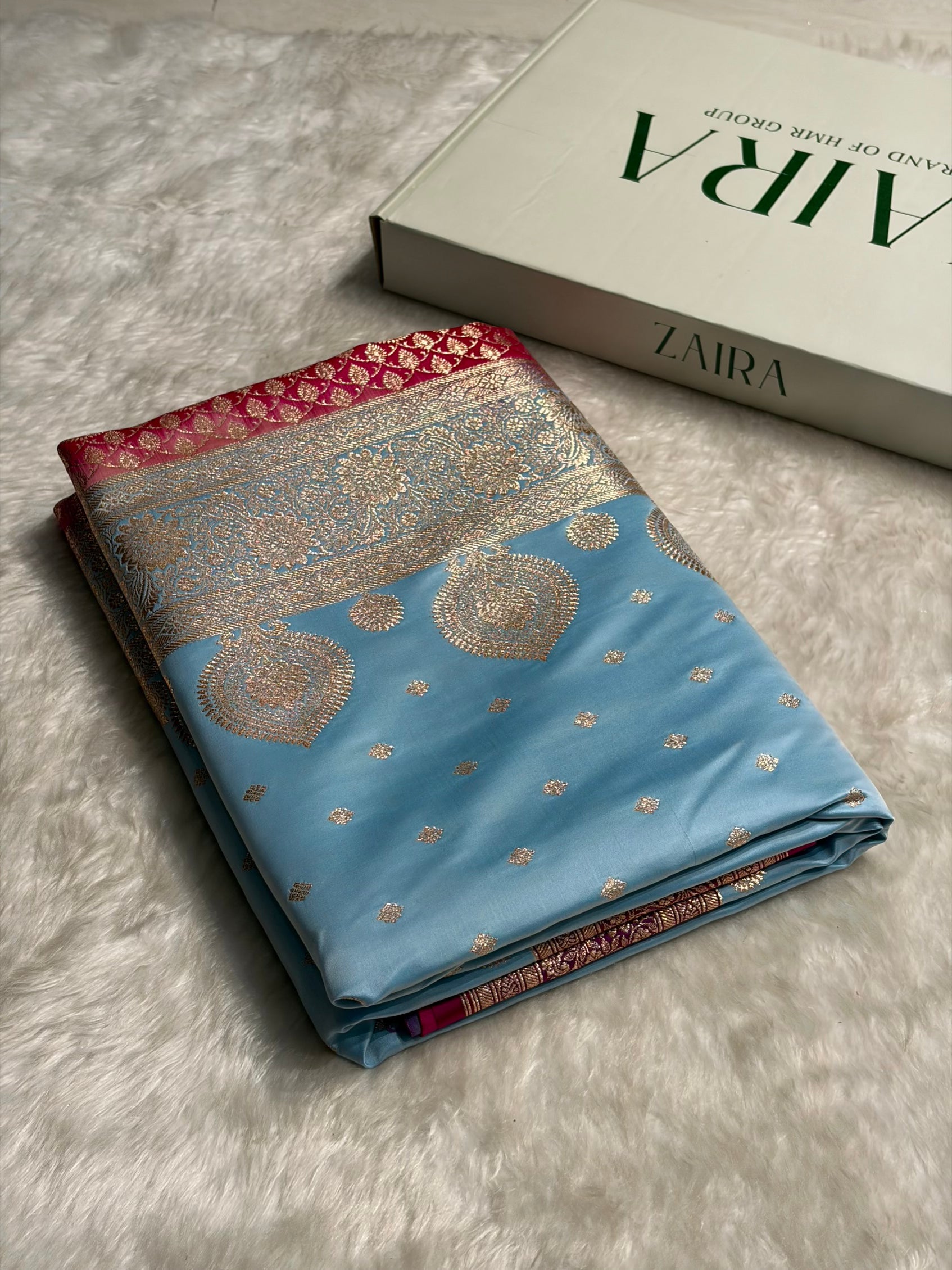 Sky blue with Rani Booti Satin Katan Silk saree SK29