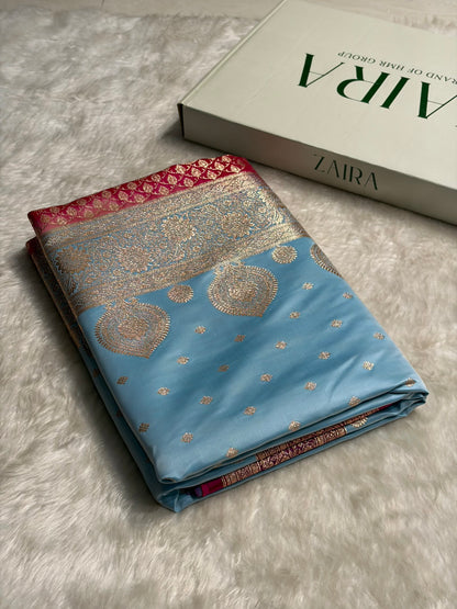 Sky blue with Rani Booti Satin Katan Silk saree SK29