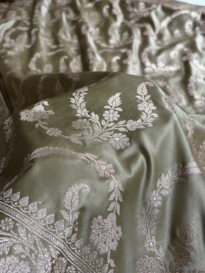 Pastel Green Shades Banarasi With Floral Jaal Pattern Mashru Silk Saree MSM-132