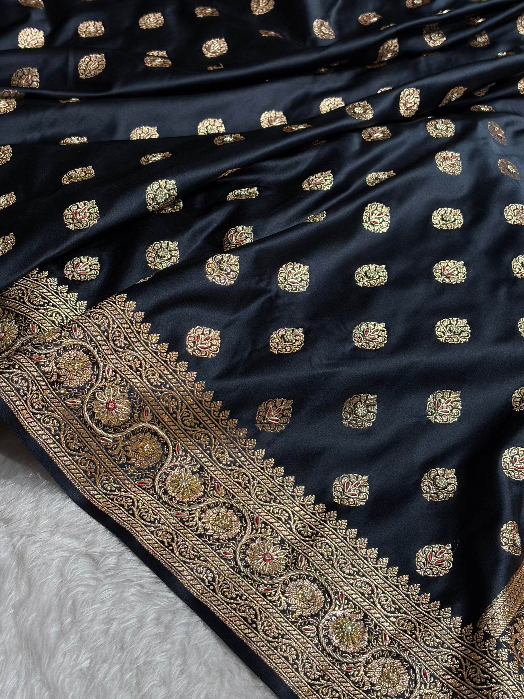 Banarasi Boota Katan Silk Saree In Black Shades With Ari Zardozi Work BSK02