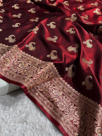 Satin Silk Saree Tredition Banarasi Swarovski Work Floral Boota in Maroon Shades BSS27