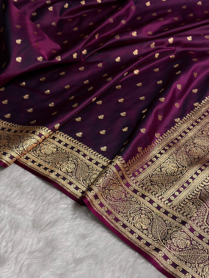 Wine Floral Pattern Satin Katan Silk Saree SK78