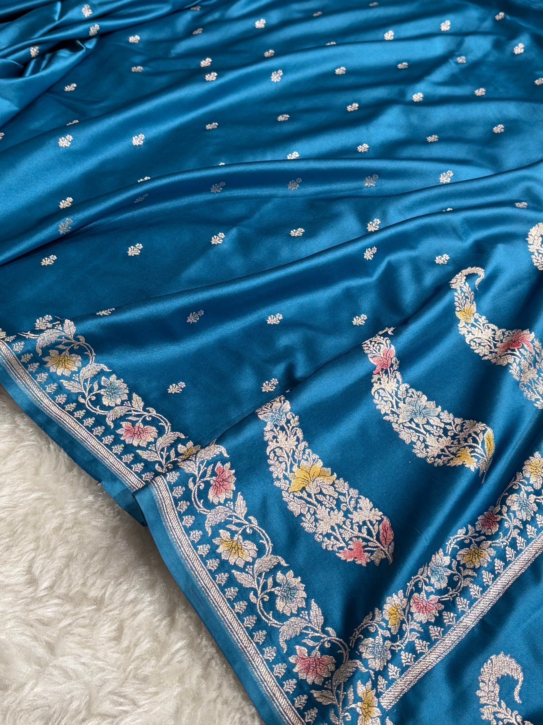 Banarasi Firozi Shades Minakari Floral Mashru Silk Saree MS88