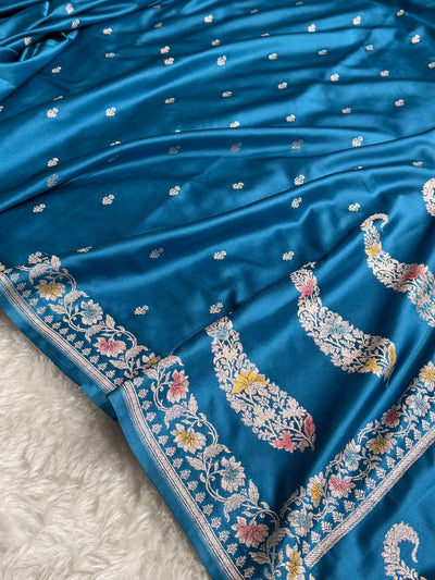 Banarasi Firozi Shades Minakari Floral Mashru Silk Saree MCS88