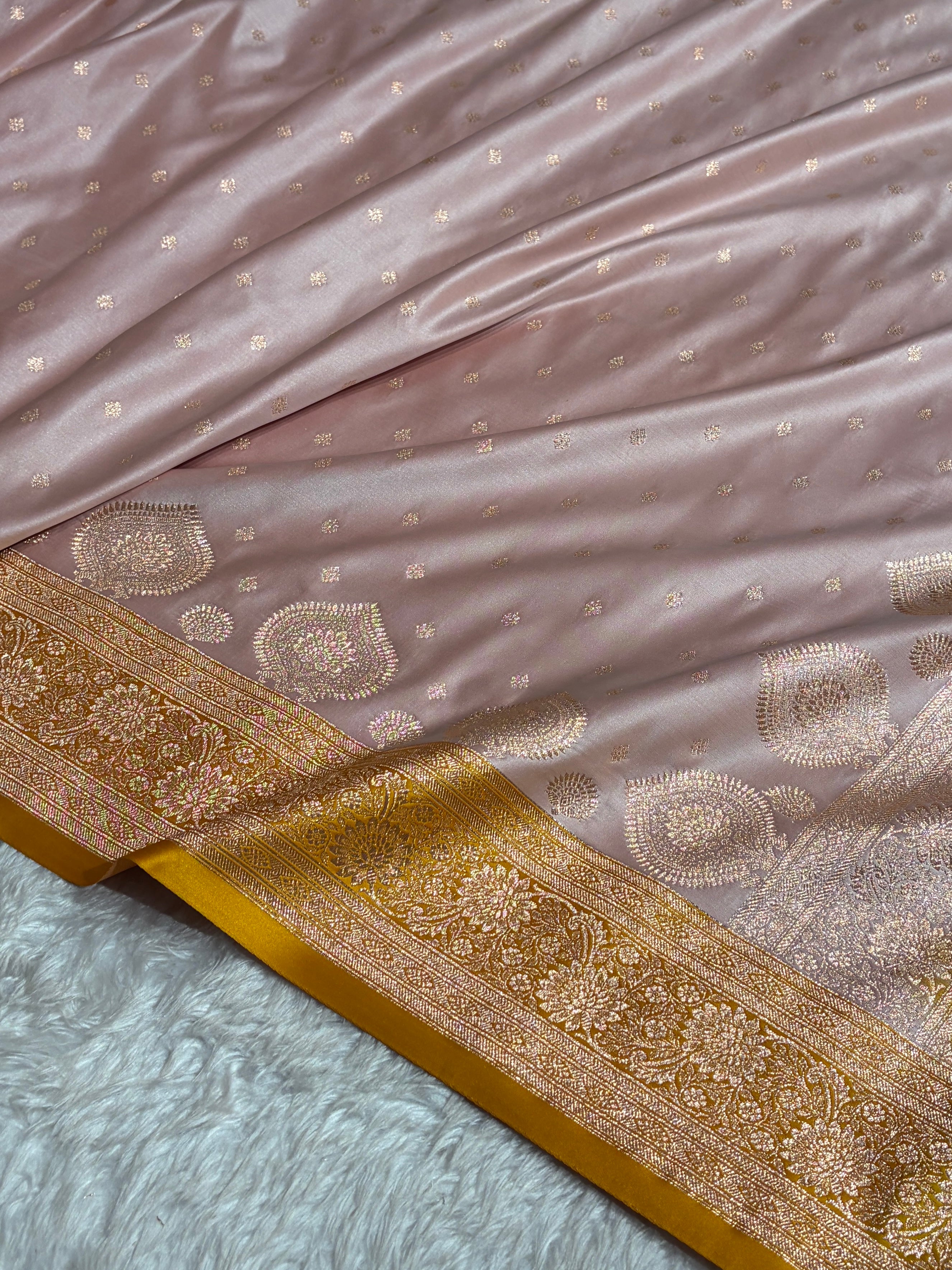 Banarasi Rose Gold with Mustard Booti Satin Katan Silk saree SK29