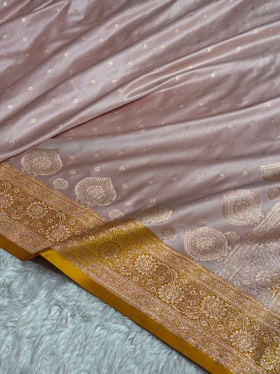 Banarasi Rose Gold with Mustard Booti Satin Katan Silk saree SK29