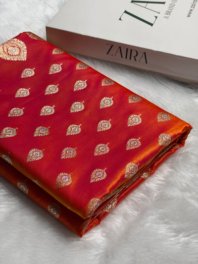 Banarasi Pinkish Orange Shades Minakari Booti Pattern Banarasi Satin Silk Saree SS60