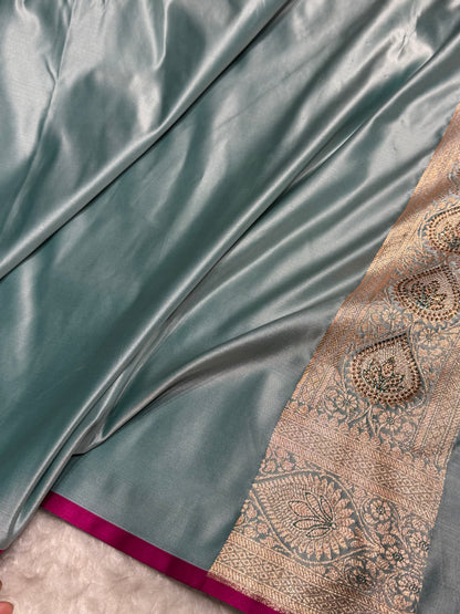 Turquoise Swarovski Work Booti Satin Katan Silk Saree BSK10 (W)