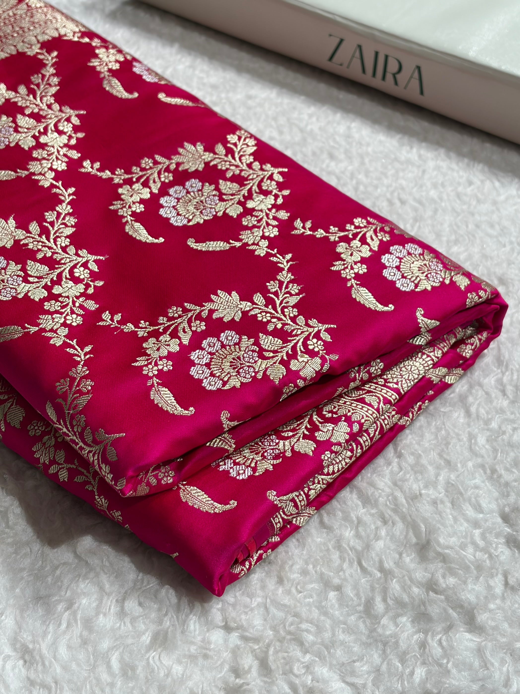 Banarasi Satin Katan Saree With Minakari Jaal Pattern in Cross Rani Shades SK126