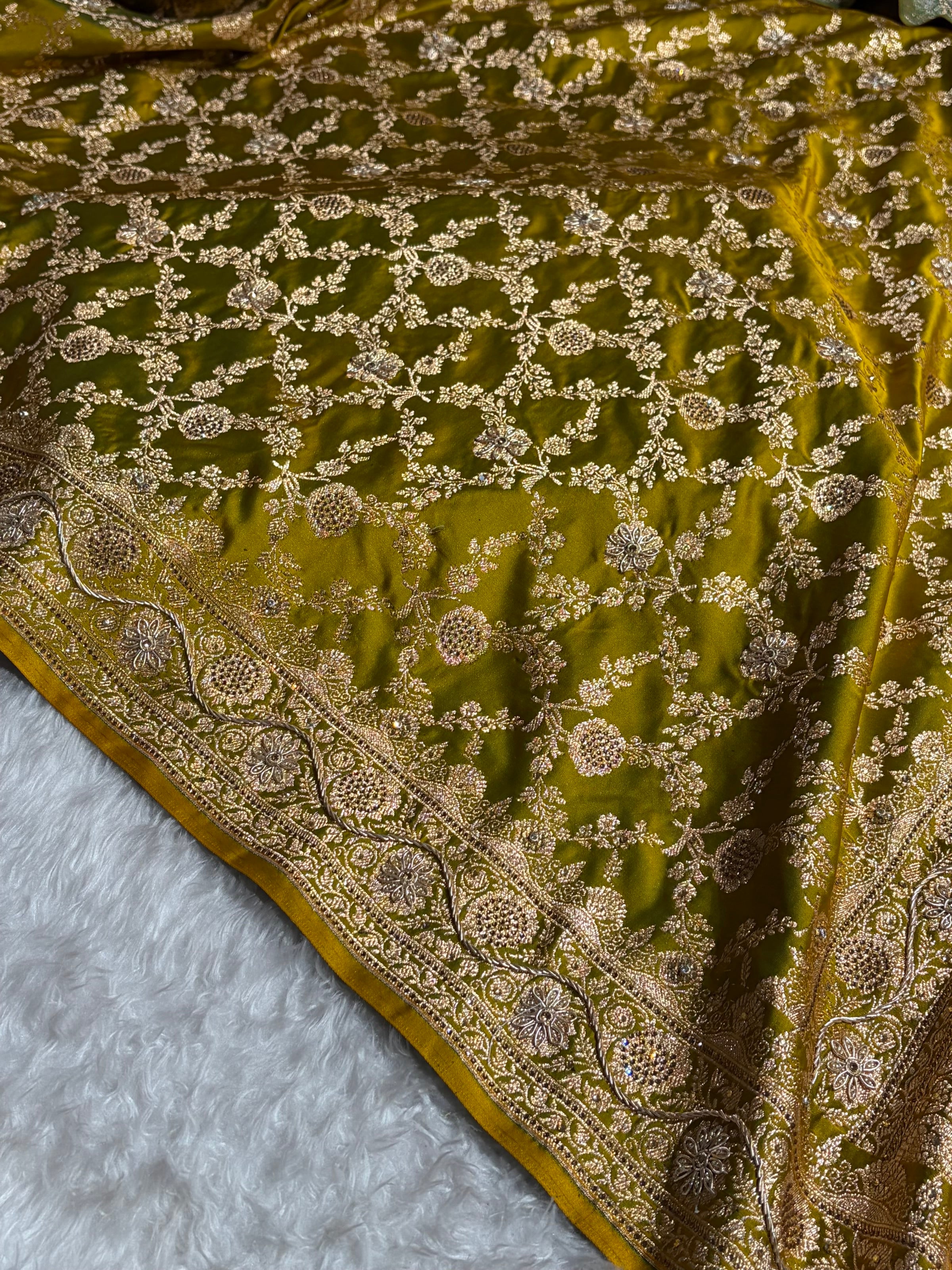 Mustard Shades Jaal Floral Pattern With Zardozi And Swarovski Stone Work Satin Katan Silk Saree BSK80